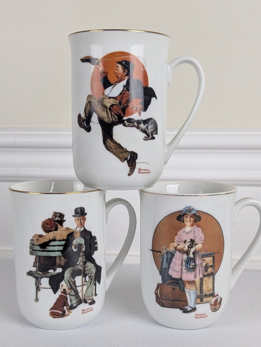 ​Vintage 1981 Norman Rockwell Coffee Mugs Set of 3 Saturday Evening Post Gold